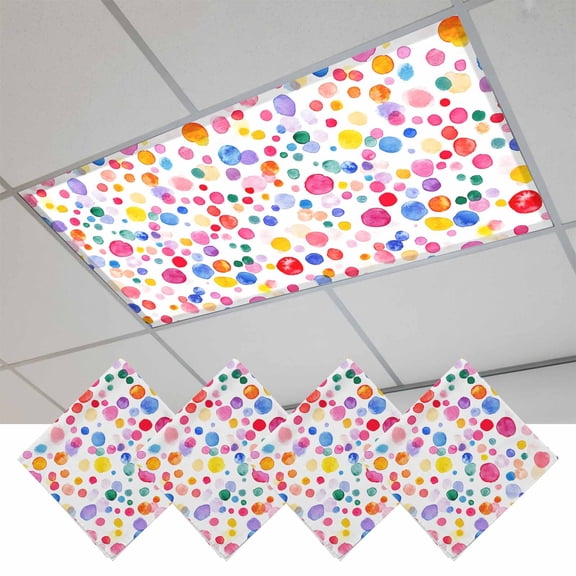 Colorful Polka Dot Fluorescent Light Covers, Rainbow Watercolor Polka Dots Magnetic Light Covers for Ceiling Lights, Fluorescent Ceiling Shade Filters for Classroom Bedroom Office 4x2Ft x 4PCS