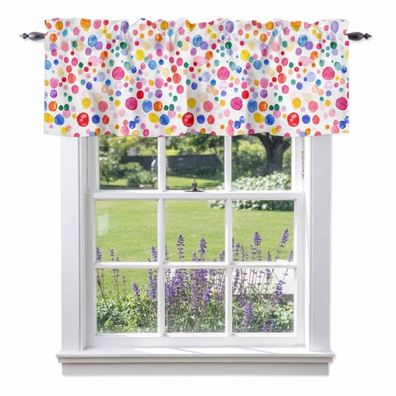 Colorful Polka Dot Kitchen Curtain Valances for Windows Farmhouse Short Curtains, Rainbow Watercolor Polka Dots Rod Pocket Valance Curtain for Bedroom Cafe Living Room