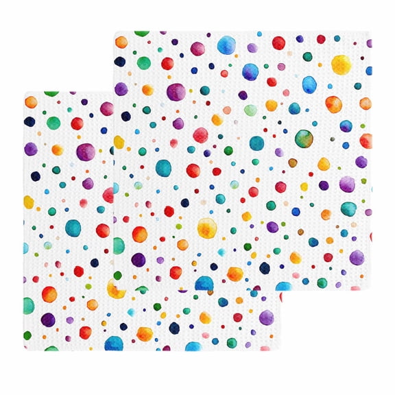 Colorful Polka Dot Kitchen Dish Towels for Drying Dishes Set of 2, Rainbow Color Polka Dots Abstract Waffle Weave Microfiber Hand Tea Bathroom Towels Quick Dry & Absorbent Towel 12x12
