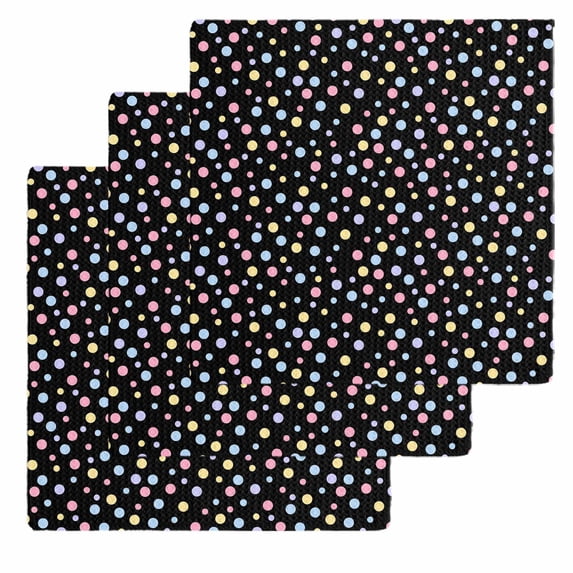 Colorful Polka Dot Kitchen Dish Towels for Drying Dishes Set of 3, Modern Minimalist Geometric Black Waffle Weave Microfiber Hand Tea Bathroom Towels Quick Dry & Absorbent Towel 12x12