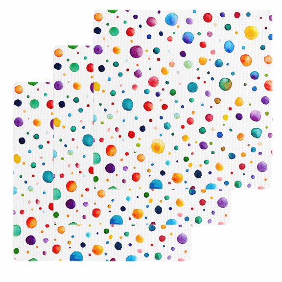 Colorful Polka Dot Kitchen Dish Towels for Drying Dishes Set of 3, Rainbow Color Polka Dots Abstract Waffle Weave Microfiber Hand Tea Bathroom Towels Quick Dry & Absorbent Towel 12x12