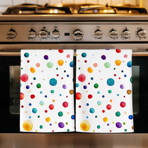 Colorful Polka Dot Kitchen Towels Set of 2, Rainbow Color Polka Dots Abstract Absorbent Dish Towels for Kitchen, Microfiber Hand Towel, Quick Drying Tea Towel for Cleaning Decorative Dishcloths