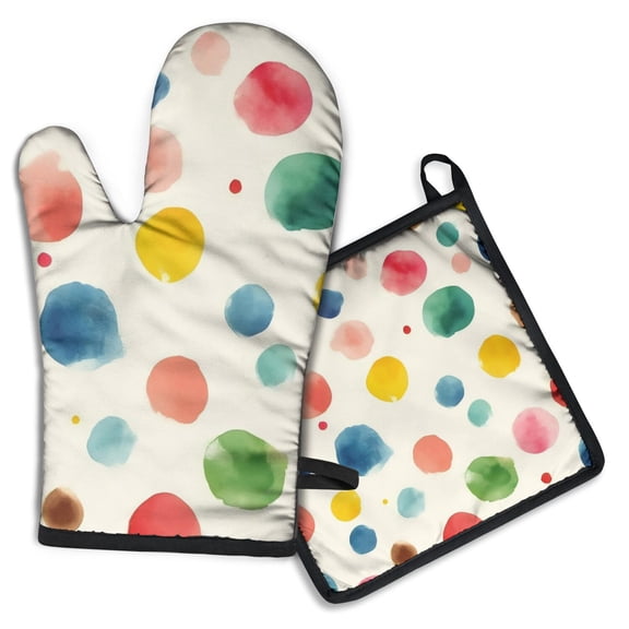 Colorful Polka Dot Pattern Kitchen Oven Mitt and Pot Holder Sets 2 Pcs for Baking, Cooking and Grilling, Heat Resistant Up To 392 °F