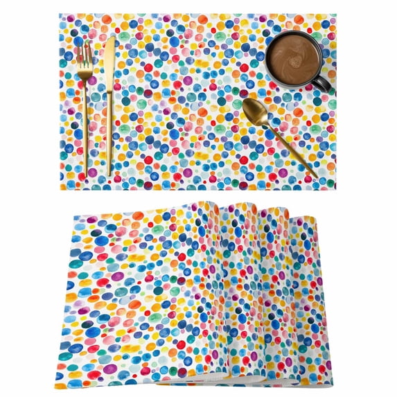 Colorful Polka Dot Placemats Set of 12, Cotton Linen Fabric Place Mats, Rainbow Polka Dots Watercolor Washable Decorative Table Mats Protector for Home Kitchen Dining Wedding Party Coffee Tables