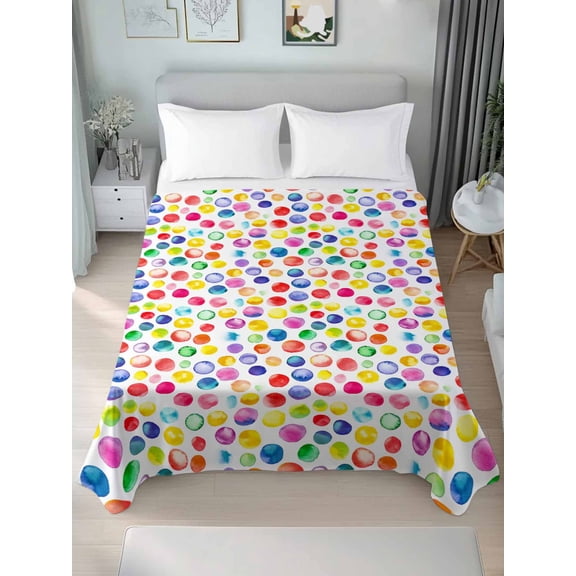 Colorful Polka Dot Queen Size Flat Sheet, Wrinkleproof & Fadeproof Cooling Flat Bed Sheet Only, Watercolor Rainbow Polka Dots Breathable Soft Bedding Top Sheets 90 x 102 Inches