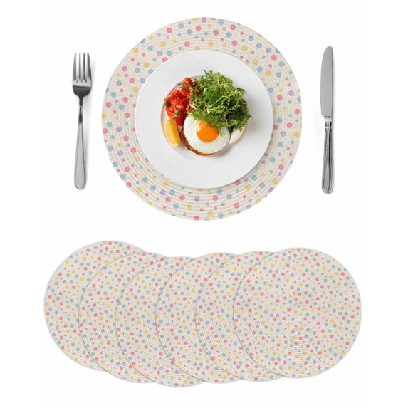 Colorful Polka Dot Round 13 Inch Placemats Set of 6, Vintage Minimalist Geometric Beige HeatResistant Non Slip Place Mats for Dining Table, Wipeable Braided Kitchen Table Mats for Housewarming