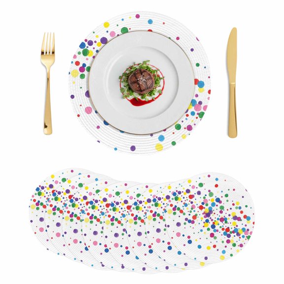 Colorful Polka Dot Round 13 Inch Placemats Set of 8, Cartoon Cute Abstract Graffiti HeatResistant Non Slip Place Mats for Dining Table, Wipeable Braided Kitchen Table Mats for Housewarming