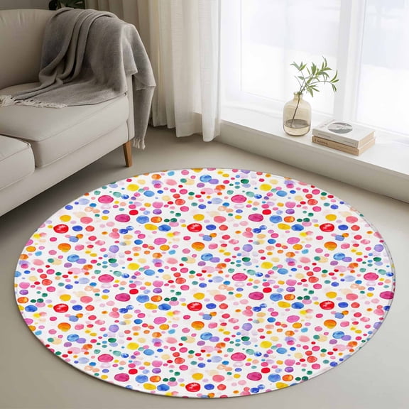 Colorful Polka Dot Round Area Rug 3.3 FT, Non Slip Small Entryway Kitchen Mat, Rainbow Watercolor Polka Dots Washable Soft Circular Rug Non-Shedding Door Mat for Bathroom Playroom Kids Room