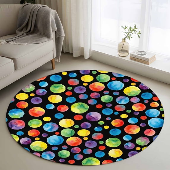 Colorful Polka Dot Round Area Rug 3Ft Washable Small Circle Rugs for Kitchen Entryway, Cartoon Watercolor Graffiti Black Non-Slip Carpet Floor Mats Indoor Outdoor Carpet Runner Aesthetic Home Decor
