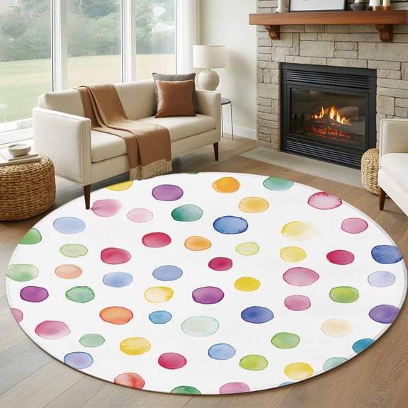 Colorful Polka Dot Round Area Rug 5 FT, Non Slip Bedroom Area Rug, Rainbow Polka Dot Watercolor Washable Soft Circular Carpet Non-Shedding Floor Mat for Kitchen Dining Room Foyer Balcony Dorm