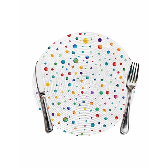 Colorful Polka Dot Round Placemats for Dinning Tables, Heat-proof Braided Table Mats 13 Inch, Rainbow Point Vibrant Washable Place Mat for Kitchen Restaurant Party Decor Supplies Table Setting