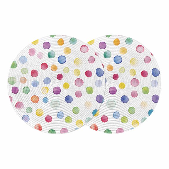 Colorful Polka Dot Round Placemats Set of 2, Braided Polypropylene Place Mats, Rainbow Polka Dot Watercolor Washable Table Mats for Kitchen Dinner Holiday Wedding Party Coffee Table Decoration 13"