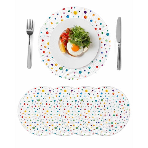 Colorful Polka Dot Round Placemats Set of 4, Braided Polypropylene Place Mats, Rainbow Point Vibrant Washable Table Mats for Kitchen Dinner Holiday Wedding Party Coffee Table Decoration 13"