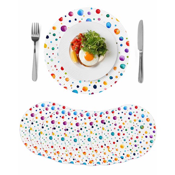 Colorful Polka Dot Round Placemats Set of 8, Braided Polypropylene Place Mats, Rainbow Color Polka Dots Abstract Washable Table Mats for Kitchen Dinner Holiday Wedding Party Coffee Table Decor 13"