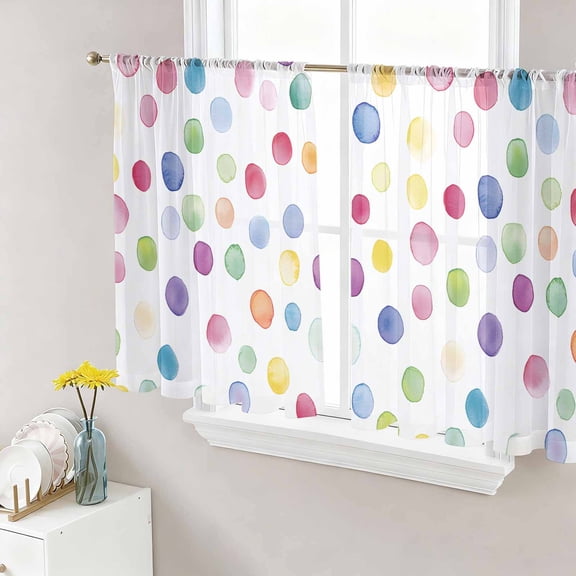 Colorful Polka Dot Semi Sheer Window Curtains 45 Inches Long, Rainbow Polka Dot Watercolor Rod Pocket Voile Silky Chiffon Curtain Light Filtering Drapes for Living Room, Kitchen, 52"x45", 2 Panels