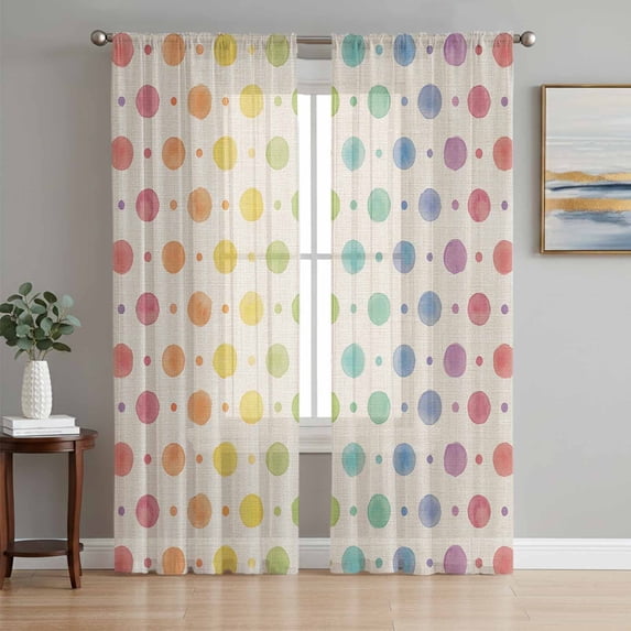Colorful Polka Dot Sheer Curtains 108 Inch Length 2 Panels Set, Cartoon Watercolor Geometric Beige Voile Window Treatment Semi Sheer Long Curtains Drapes for Bedroom/Living Room/Kitchen 52"x108"x2