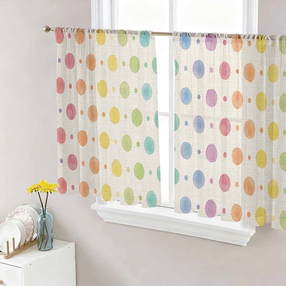 Colorful Polka Dot Sheer Curtains 54 Inch Length 2 Panels Set, Cartoon Watercolor Geometric Beige Voile Window Treatment Rod Pocket Short Kitchen Curtains Drapes for Bedroom 52"x54"x2