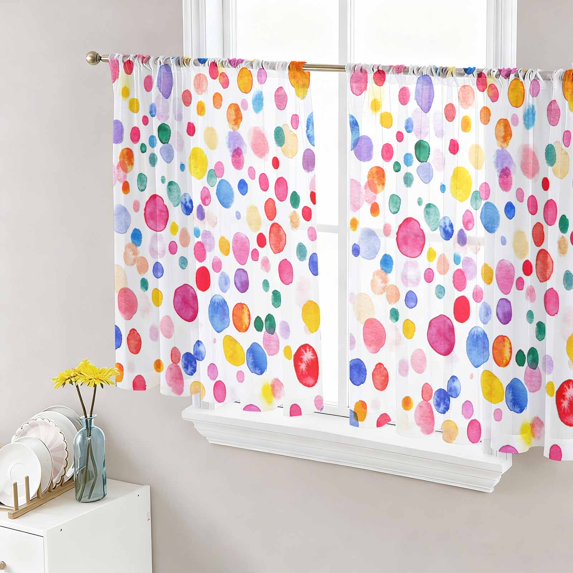 Colorful Polka Dot Sheer Curtains 54 Inch Length 2 Panels Set, Rainbow Watercolor Polka Dots Voile Window Treatment Rod Pocket Short Kitchen Curtains Drapes for Bedroom 52"x54"x2