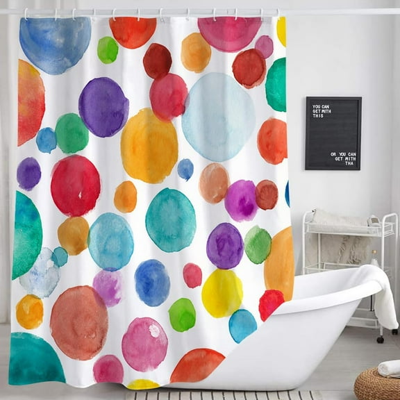Colorful Polka Dot Shower Curtain for Kids Bathroom, Cute Rainbow Geometric Fabric Kid Shower Curtains Set, Bright White Girls Boys Childrens Restroom Decor Decorative with Hooks 72X 72 inch