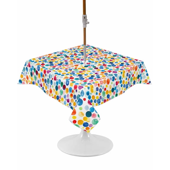 Colorful Polka Dot Square Outdoor Tablecloth, Waterproof Table Cloth Cover with Umbrella Hole and Zipper, Rainbow Polka Dots Watercolor Table Protector for Patio Party Picnic 54"x54"