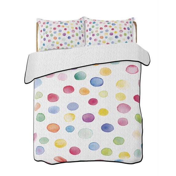 Colorful Polka Dot Summer Quilt Set Twin Size, Soft Microfiber Quilted Bedding Set with 2 Pillow Shams, Rainbow Polka Dot Watercolor Lightweight All Season Bedspread Coverlet for Bedroom 68"x86"