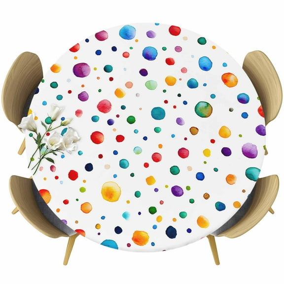 Colorful Polka Dot Table Cloth, Round Fitted Tablecloths with Elastic Edge, Rainbow Color Polka Dots Abstract Wipeable Waterproof Table Cover for Kitchen Wedding 36-44 Inches