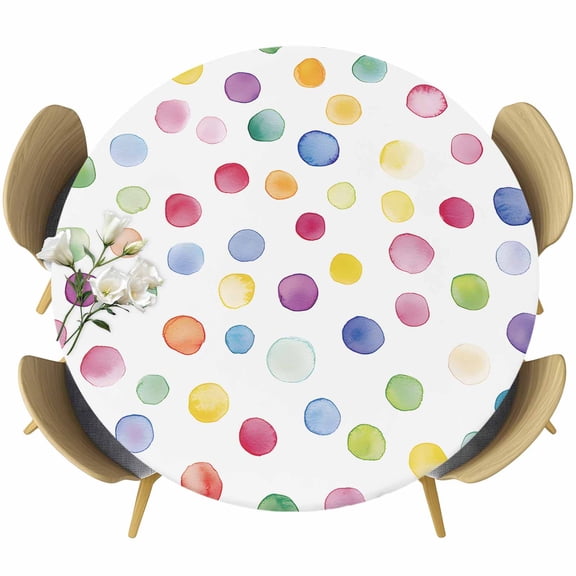 Colorful Polka Dot Table Cloth, Round Fitted Tablecloths with Elastic Edge, Rainbow Polka Dot Watercolor Wipeable Waterproof Table Cover for Kitchen Wedding 36-44 Inches