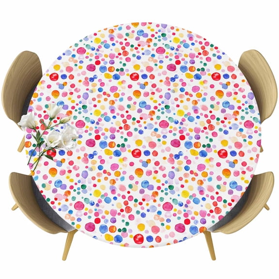 Colorful Polka Dot Table Cloth, Round Fitted Tablecloths with Elastic Edge, Rainbow Watercolor Polka Dots Wipeable Waterproof Table Cover for Kitchen Wedding 55-60 Inches