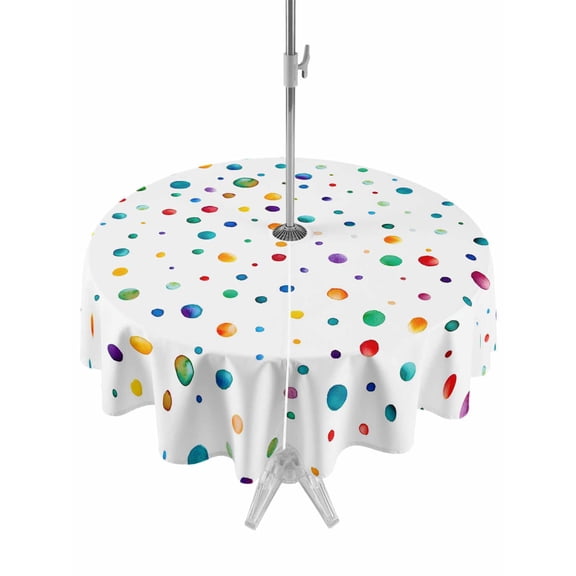Colorful Polka Dot Table Cloth Round Tablecloth, Rainbow Point Vibrant Waterproof Wrinkleproof Table Cover with Umbrella Hole and Zipper for Party/Dining/Patio/Wedding 54 Inch