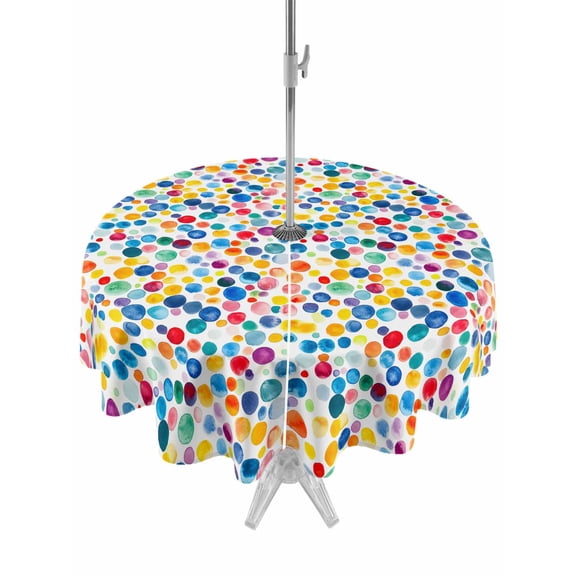 Colorful Polka Dot Table Cloth Round Tablecloth, Rainbow Polka Dots Watercolor Waterproof Wrinkleproof Table Cover with Umbrella Hole and Zipper for Party/Dining/Patio/Wedding 60 Inch