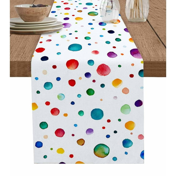Colorful Polka Dot Table Runner Cotton Linen 108 Inch Holiday Dresser Scarves, Rainbow Color Polka Dots Abstract Art Tablerunner for Kitchen Coffee Dining Bedroom Dinner Scarf Décor 13''x108''