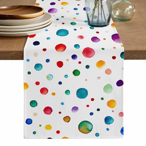 Colorful Polka Dot Table Runner, Rainbow Color Polka Dots Abstract Washable Cotton Linen Table Runners 36 Inches Long, Dresser Scarf Runner for Nightstand/End Tables/Round Tables 13''x36''