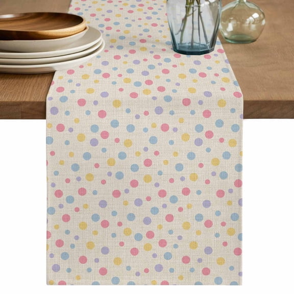 Colorful Polka Dot Table Runner, Vintage Minimalist Geometric Beige Washable Cotton Linen Table Runners 36 Inches Long, Dresser Scarf Runner for Nightstand/End Tables/Round Tables 13''x36''