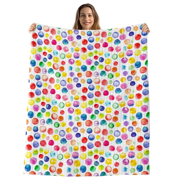 Colorful Polka Dot Throw Blanket, Flannel Fleece Blanket with Striped Design for Couch, Watercolor Rainbow Polka Dots Soft Breathable All Season Plush Blankets for Sofa Office Chair 30"x40"