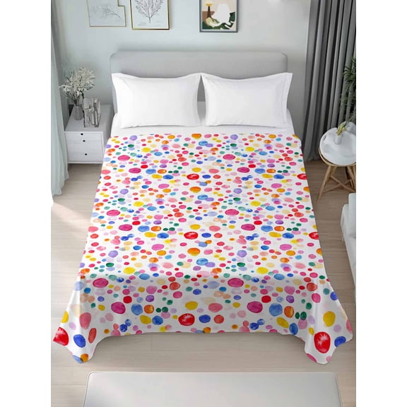 Colorful Polka Dot Twim Size Flat Sheet, Wrinkleproof & Fadeproof Cooling Flat Bed Sheet Only, Rainbow Watercolor Polka Dots Breathable Soft Bedding Top Sheets 66 x 96 Inches