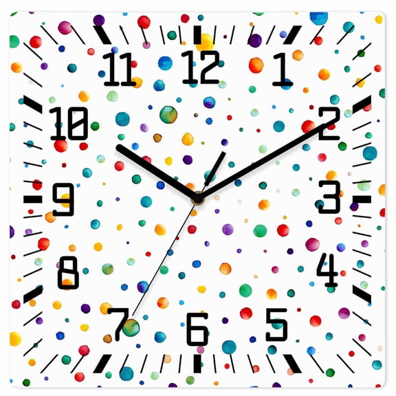 Colorful Polka Dot Wooden Wall Clock Silent Non Ticking, Rainbow Point Vibrant Square Wall Clocks Battery Operated, Decor Clock for Home Office, Living Room, Kitchen, 10 Inch