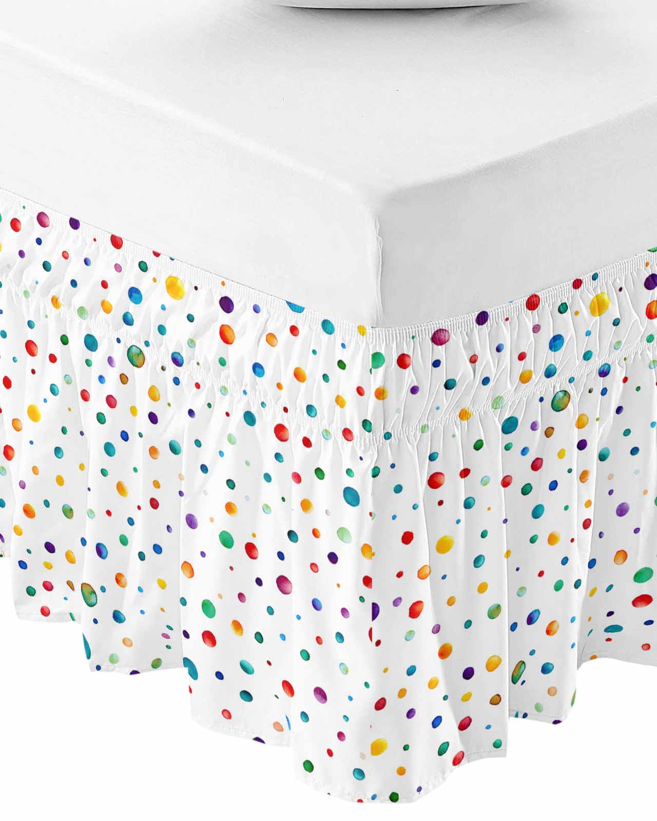 Colorful Polka Dot Wrap Around Bed Skirts for Queen Bed 18" Drop, Bed Skirt with Adjustable Elastic Belt Dust Ruffle Bed Valance for Bedroom Hotel Luxury Rainbow Point Vibrant Bed Frame Cover