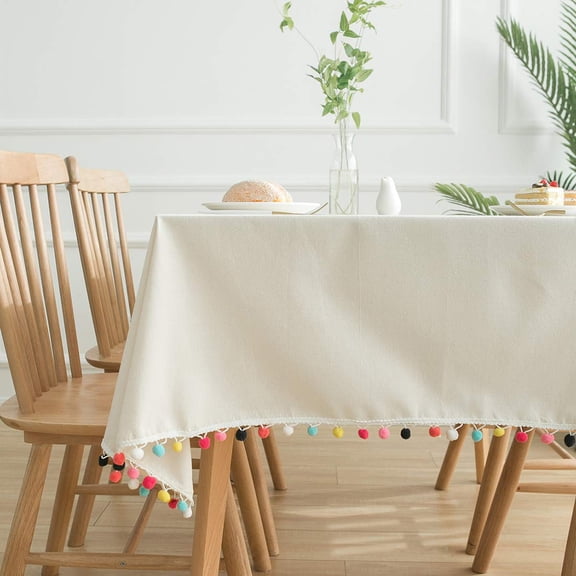 Colorful Pompom Tablecloth Rustic Cotton Linen Table Cover Dust-Proof Table Cover for Kitchen Dinning Tabletop Decoration (Beige, 140*180cm)