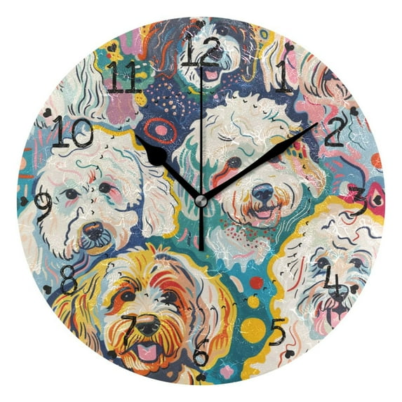Colorful Poodle Dogs Round Wall Clock Silent Analog Battery Operated Black Pointer Home Decor 9.84" Diameter