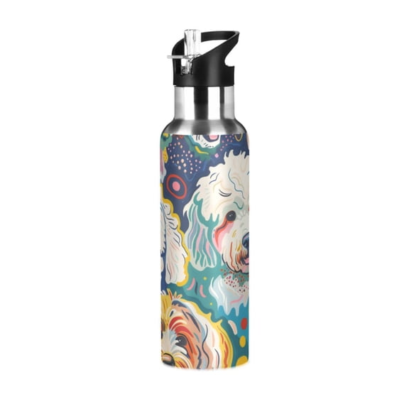 Colorful Poodle Dogs Sports Bottle with Straw Stainless Steel Water Jug Portable Thermal Cup Leak-proof 1000ML