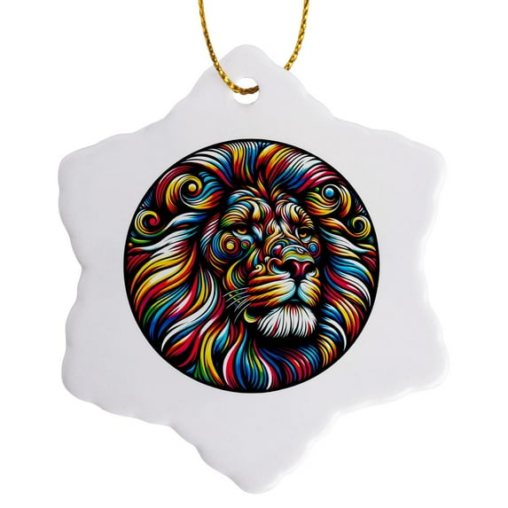 3drose, Colorful Pop Art of a Lion, 3 inch Snowflake Porcelain Ornament