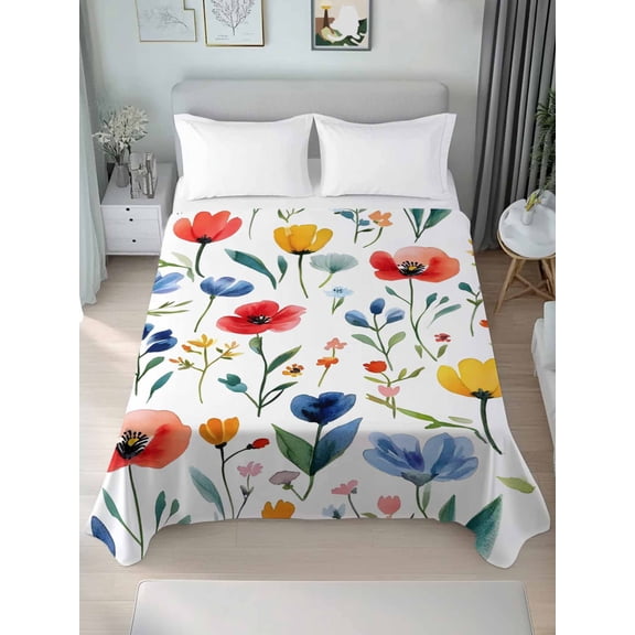 Colorful Poppies Queen Size Flat Sheet, Wrinkleproof & Fadeproof Cooling Flat Bed Sheet Only, Orange Blue Flowers Leaves Breathable Soft Bedding Top Sheets 90 x 102 Inches