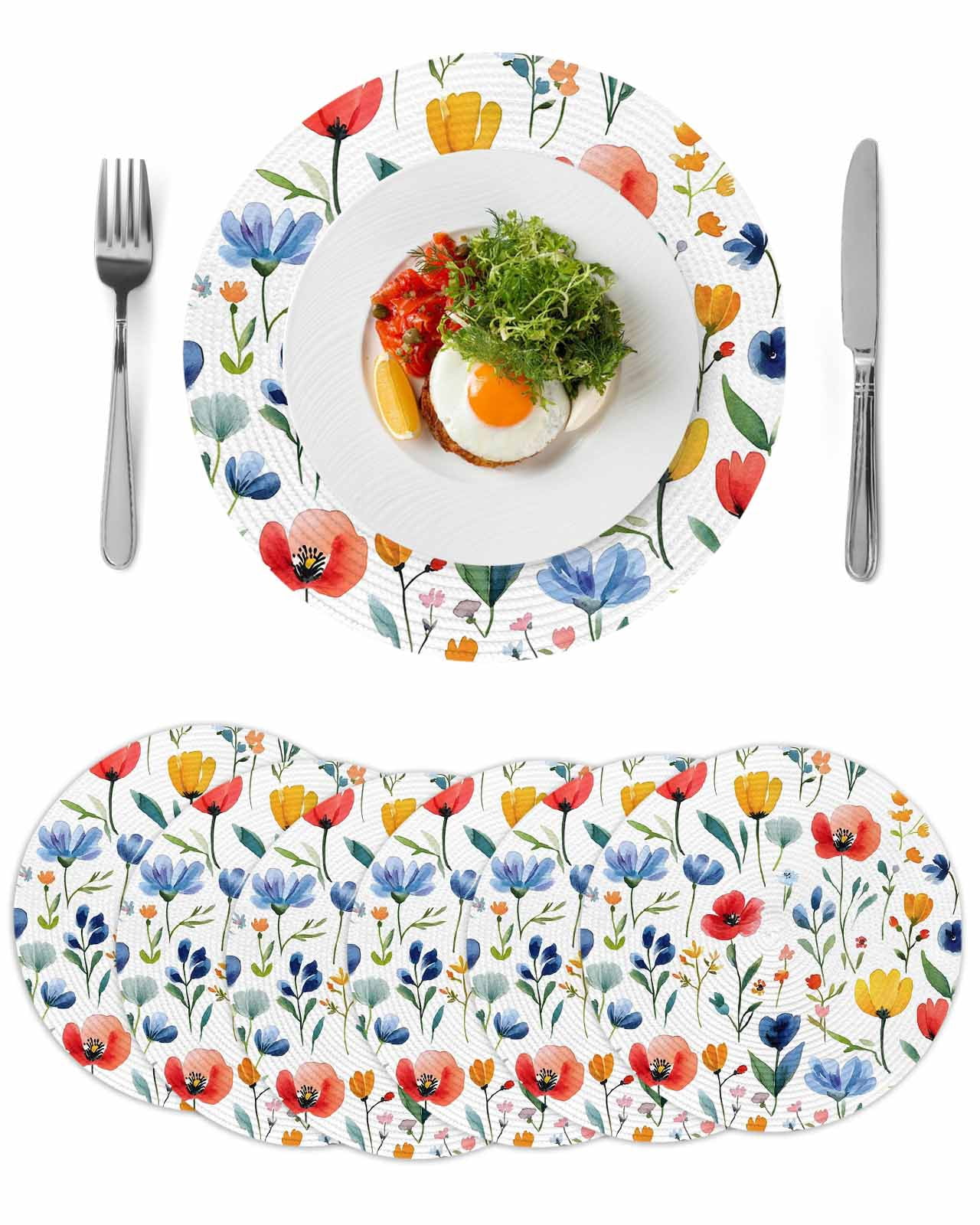 Colorful Poppies Round 13 Inch Placemats Set of 6, Orange Blue Flowers ...
