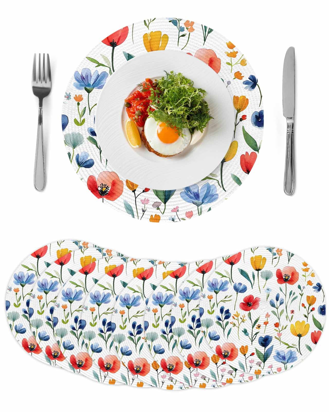 Colorful Poppies Round 13 Inch Placemats Set of 8, Orange Blue Flowers ...