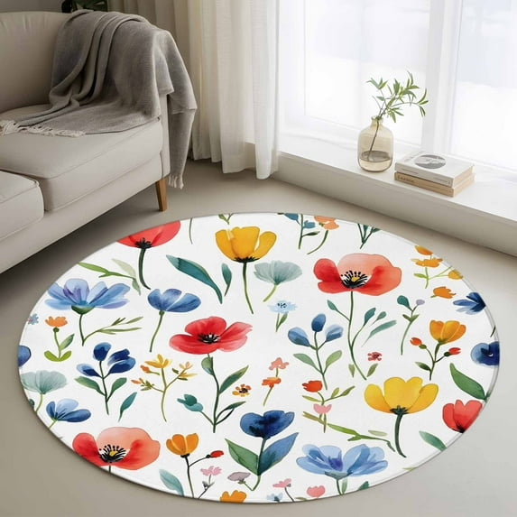 Colorful Poppies Round Area Rug 3.3 FT, Non Slip Small Entryway Kitchen Mat, Orange Blue Flowers Leaves Washable Soft Circular Rug Non-Shedding Door Mat for Bathroom Playroom Kids Room