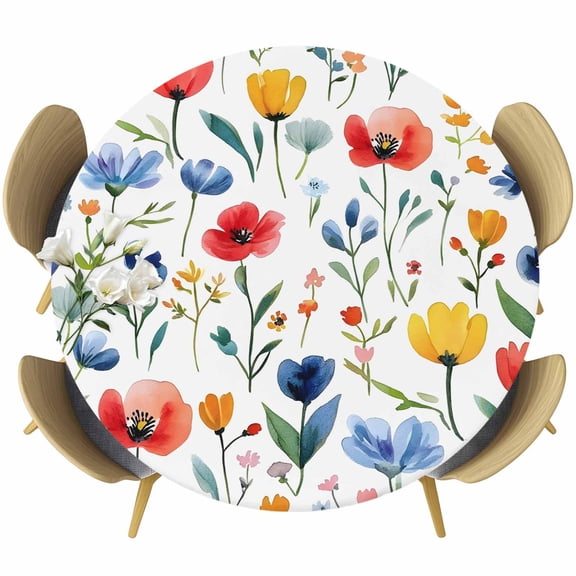 Colorful Poppies Round Tablecloth 36-44 Inch Round Fitted Table Cloth with Elastic Edge, Orange Blue Flowers Leaves Waterproof Table Cover Protector for Outdoor Picnic Party Dining