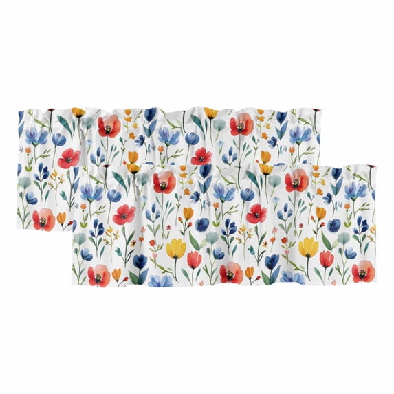 Colorful Poppies Valances for Windows, Orange Blue Flowers Leaves Light Filtering Kitchen Curtains, Rod Pocket Window Valance Curtains for Living Room Bedroom, 42" W x 18" L, 2 Panels