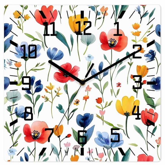 Colorful Poppies Wooden Wall Clock Silent Non Ticking, Orange Blue Flowers Leaves Square Wall Clocks Battery Operated, Decor Clock for Home Office, Living Room, Kitchen, 10 Inch