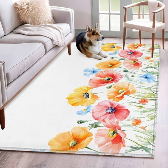 Colorful Poppy Area Rugs 4x6 ft Pink Orange Blue Floral Plant Leaf Washable Rug Non Slip Indoor Carpet Absorbent Floor Mat for Living Room Bedroom Dining Room