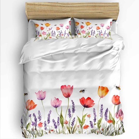 Colorful Poppy Full Size Comforter Set, Spring Flowers Lavender Bee Soft Bedding for All Seasons, 4 Pcs Bed Set with 1Comforter (86"x86") ,1 Sheet(80"x116"), 2 Pillowcases (19"x29")